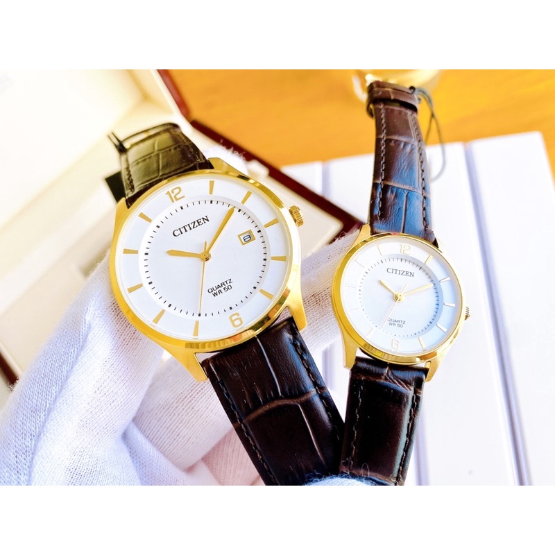 ĐỒNG HỒ COUPLE CHÍNH HÃNG Citizen #BD0043-08B / #ER0203-00B viền mạ gold cùng dây da nâu dập vân - VEUWATCH