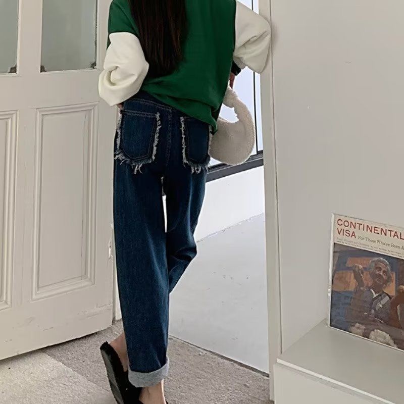 [Spot] Quần Jean Dài Dáng Suông Lưng Cao Ôm Dáng Có Túi Phong Cách retro Hàn Quốc Hợp Thời Trang Cá Tính