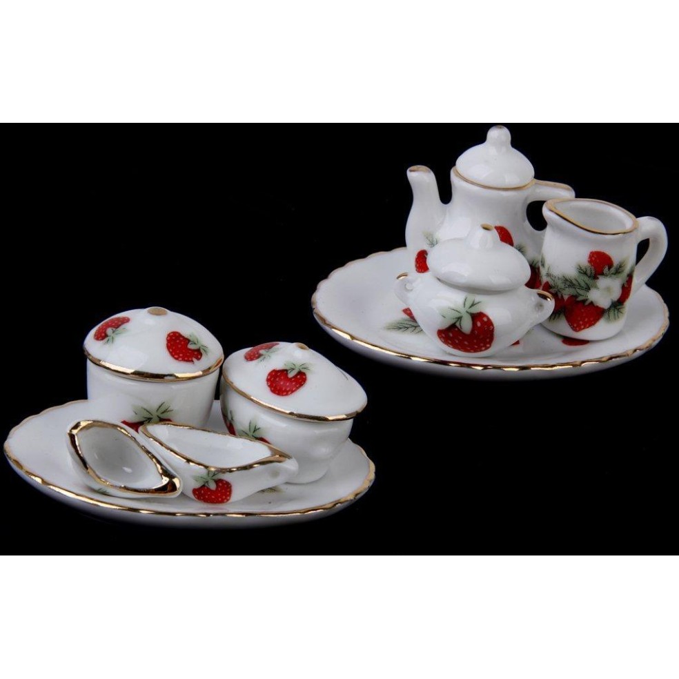 Bộ full đồ sứ tem dâu tây dành cho nhà bếp trang trí bonsai, tiểu cảnh, nhà búp bê DIY
