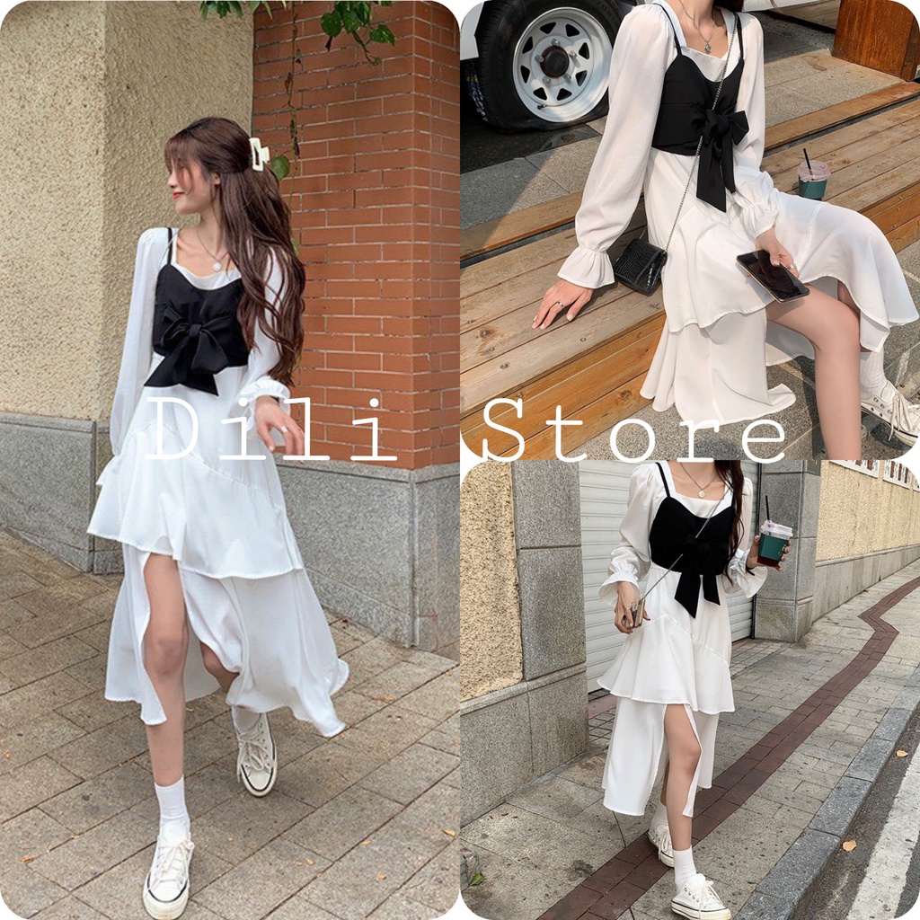 Set váy nữ🍉set yếm đen xẻ chân có tầng gồm váy xẻ tà trắng tiểu thư, sang chảnh và yếm 2 dây đen mix siêu xinh 🍉