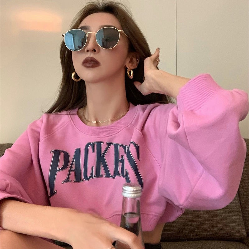 Áo croptop tay dài dáng rộng in chữ thiết kế mới thời trang dành cho mùa thu năm 2021