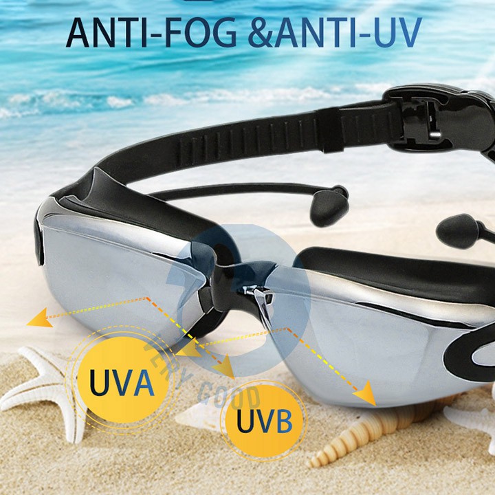 Kính bơi người lớn tráng gương chống nước chống mờ chống tia UV tích hợp bộ bịt tai kẹp mũi an toàn (Tặng hộp đựng kính)