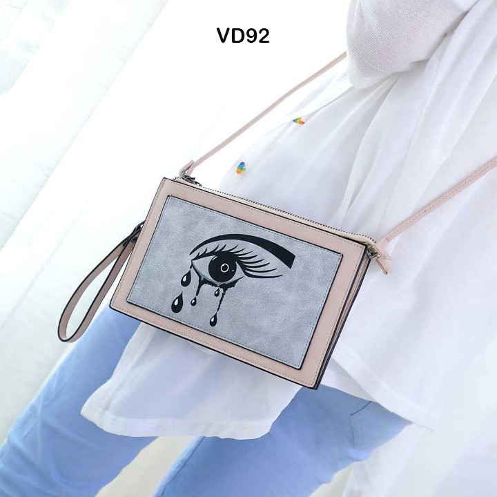 Ví tiền nữ cầm tay 2 ngăn họa tiết độc đáo có quai đeo chéo VK92