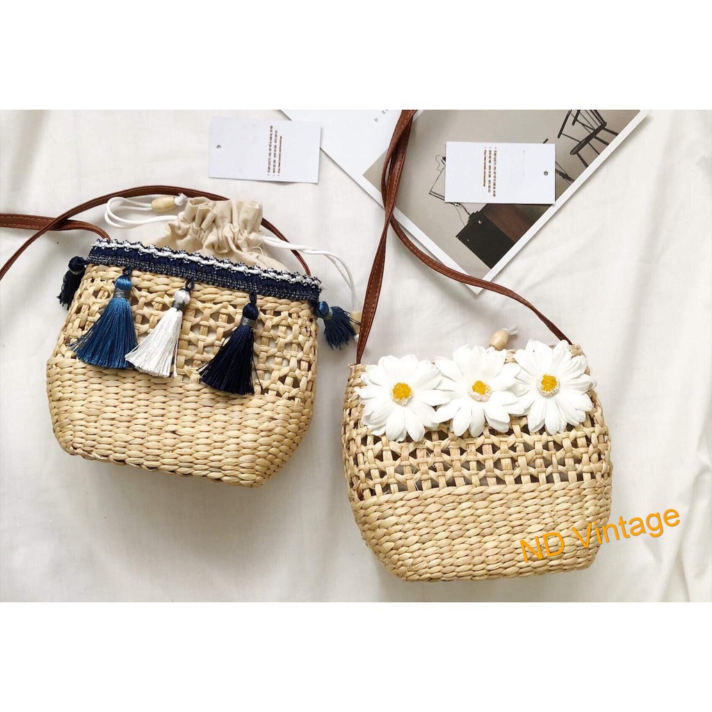 Túi cói lục bình hoa cúc Vintage đi biển, du lịch 100% tự nhiên, có tua rua, hoa cúc | BigBuy360 - bigbuy360.vn