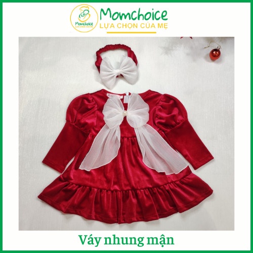 Váy nhung đỏ nơ trắng cho bé❤️FREESHIP❤️Đầm Noel, Váy Tết trẻ em kèm turban nơ từ 5kg-28kg chất nhung the cao cấp