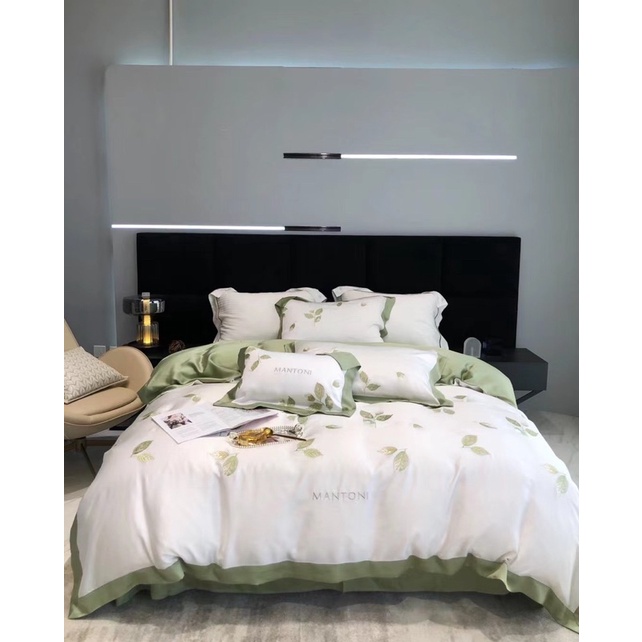 Set Chăn Ga Gối Lụa Tencel Matoni Thêu “ Lá Bạc Hà ” ( Set 4 món )