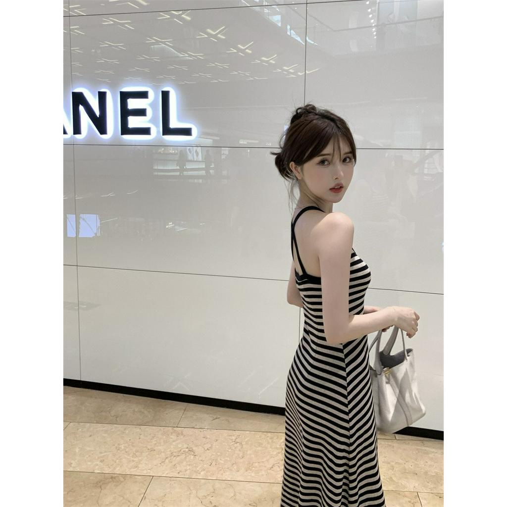 ZHELIHANGFEI Đầm Hai Dây Dáng Ôm Họa Tiết Kẻ Sọc Màu Sắc Tương Phản Phong Cách Hàn Quốc Thời Trang Cho Nữ