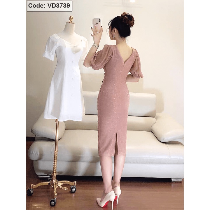 Đầm body đắp chéo hồng kim tuyến nhũ