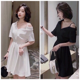 Đầm váy sơ mi lệch vai 2 màu (kèm hình thật)