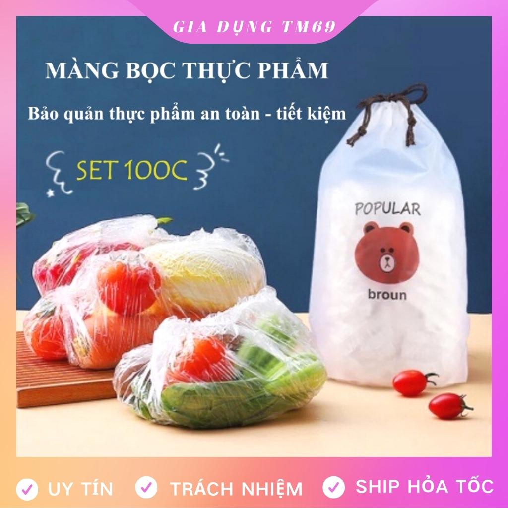 Màng Bọc Thực Phẩm Co Giãn Có Chun Nilon Che Chắn Bụi Hình Túi Gấu Set 100 Cái Bo Đồ Ăn Đa Năng