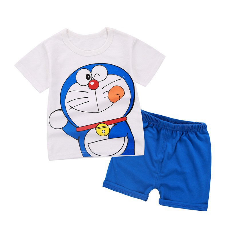 Áo thun ngắn tay in hình mèo Doraemon và quần short dễ thương cho bé