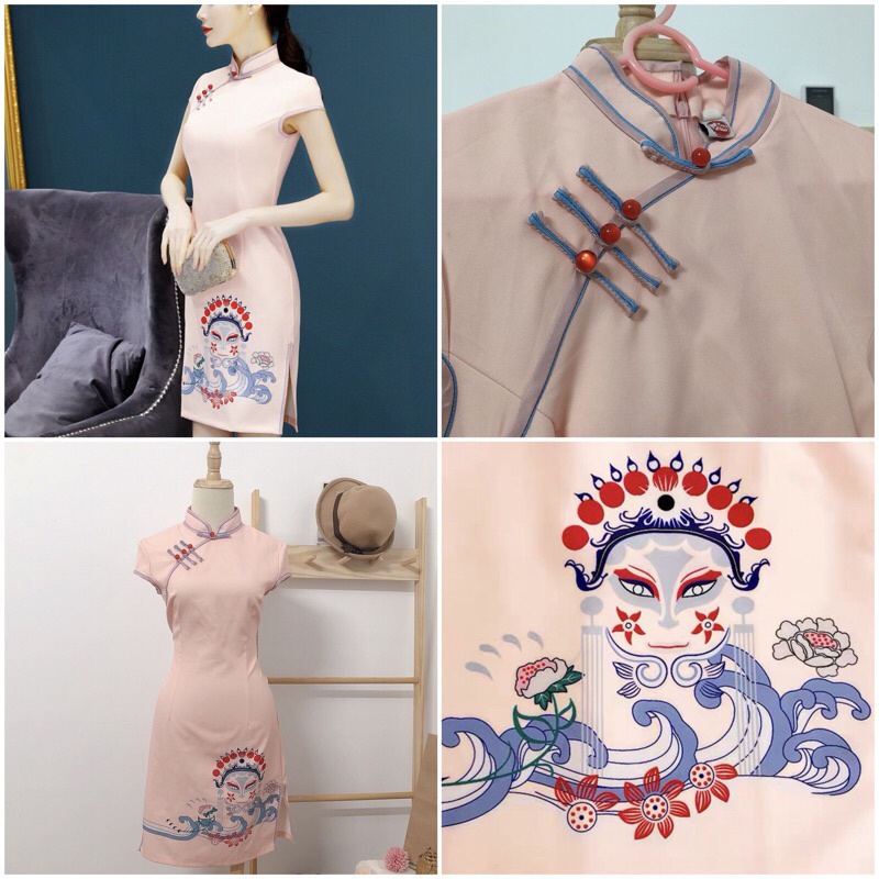 Sườn xám tone trắng be thanh lịch dưới 60 kg