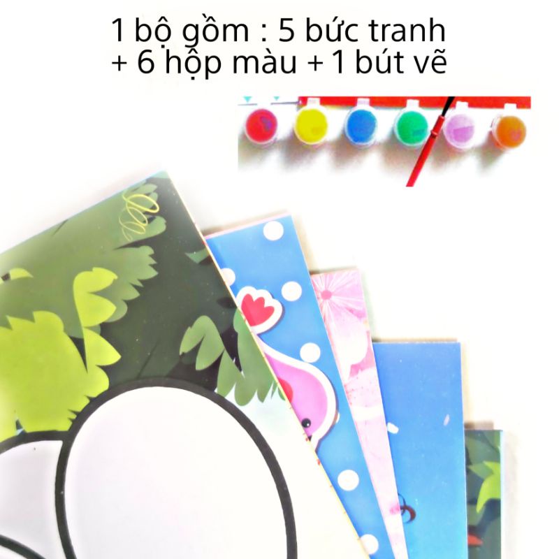 Tranh tô màu nước tô màu lên tranh mẫu sẵn cho bé tập vẽ mỹ thuật, gồm 5 tranh màu và cọ vẽ