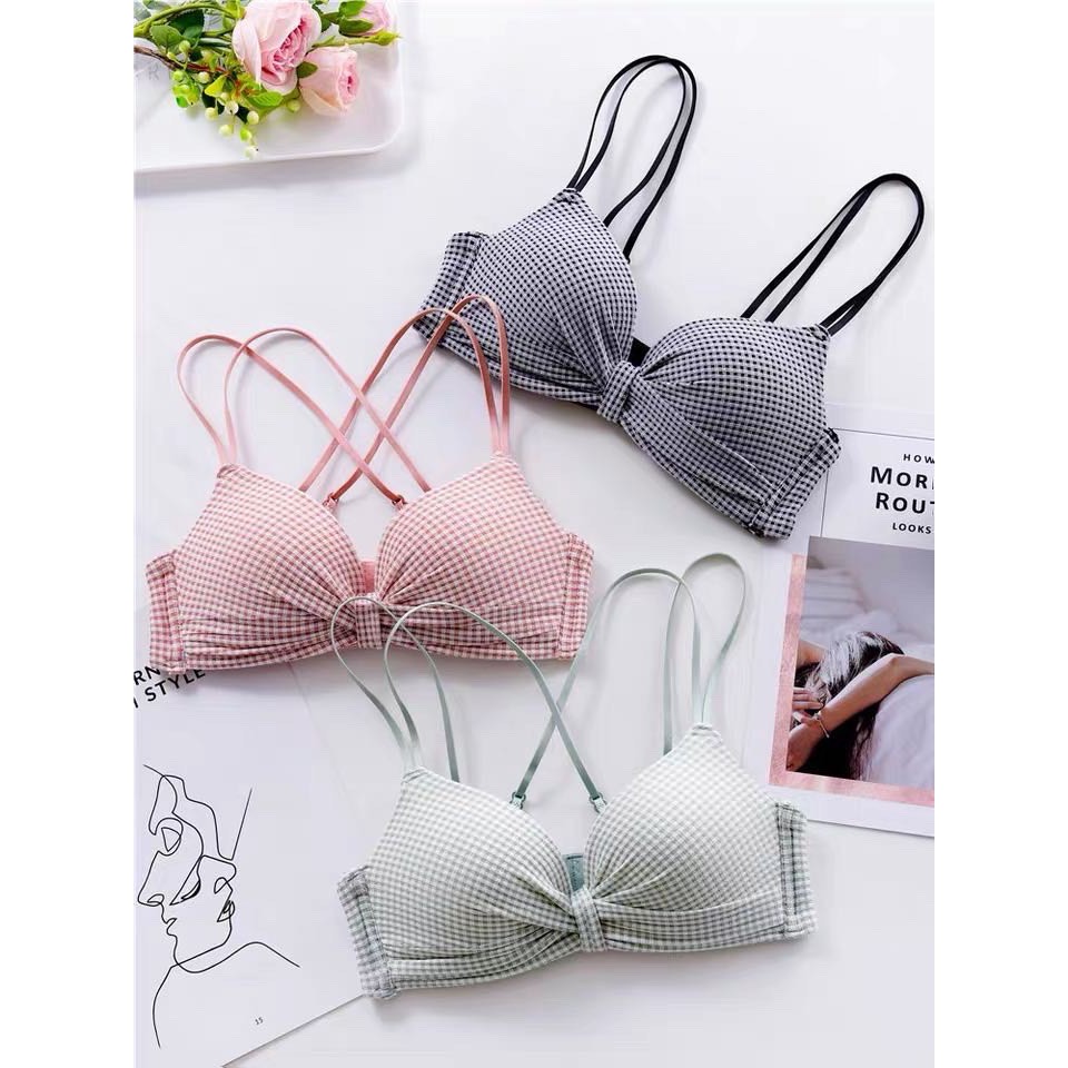 Bộ lót kẻ caro ko gọng có đệm ngực siêu đẩy