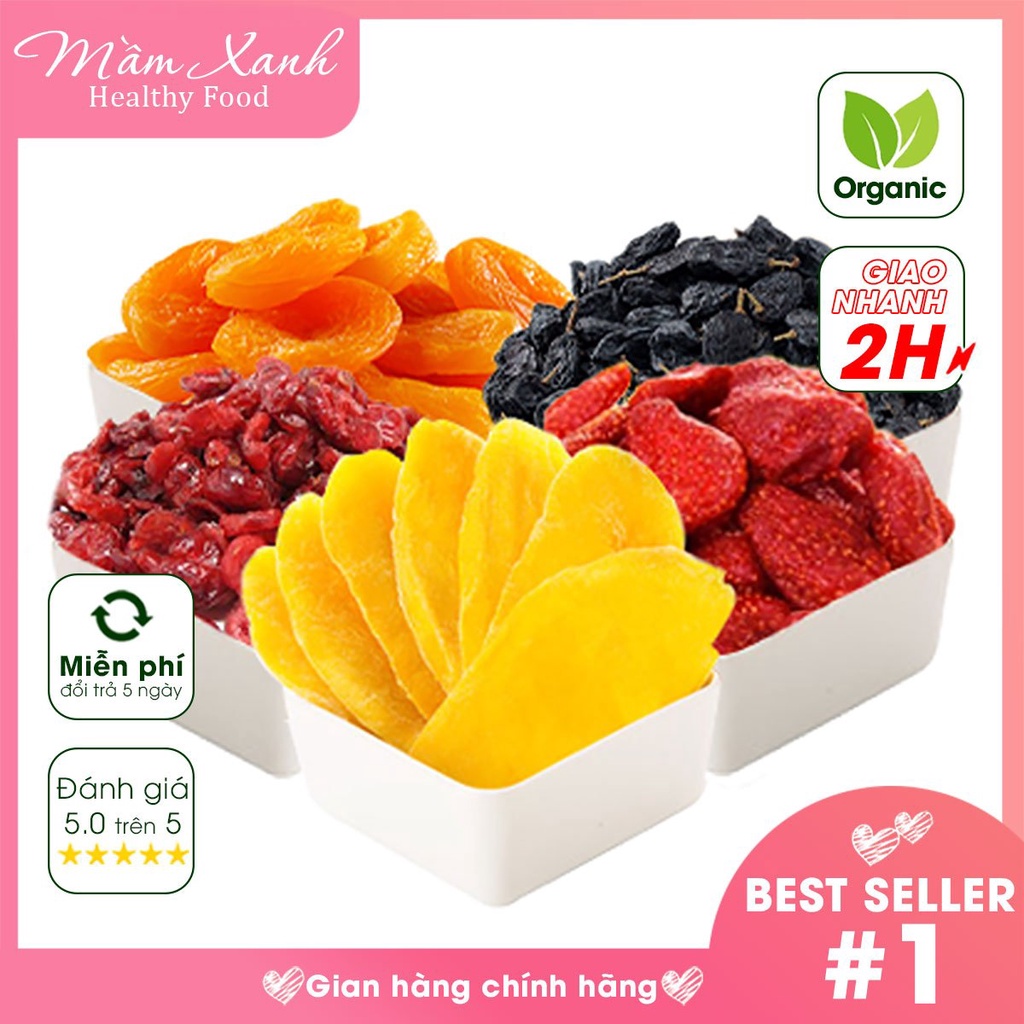 600G TRÁI CÂY SẤY DẺO, mix 5 trái không đường Nhà Mầm- Mơ vàng, nam việt quất, dâu tây, xoài, nho đen nguyên cuống