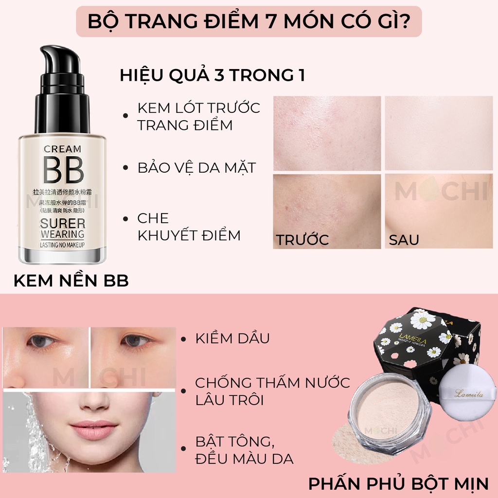 Bộ Trang Điểm Đầy Đủ 7 Món Makeup Kem Nền BB l Phấn Mắt l Kẻ Mắt Nước l Chì Kẻ Mày l Phấn Phủ l Mascara l Son Kem Lì | BigBuy360 - bigbuy360.vn