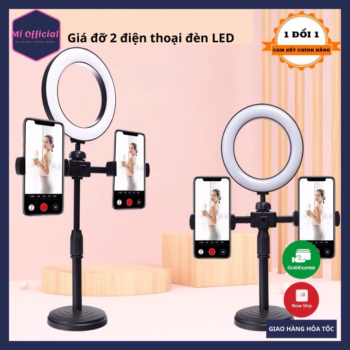 Giá Đỡ 2 Điện Thoại Có Đèn Led LiveStream, Kẹp Điện Thoại Để Bàn Quay Video Tiktok Có Đèn Led 3 Màu