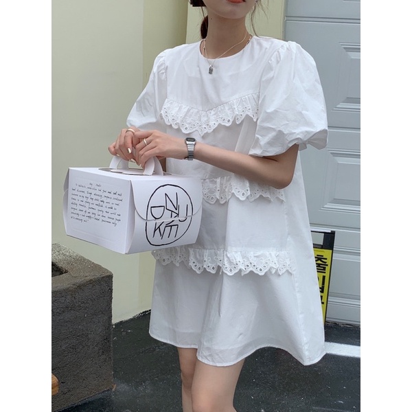 (HÀNG SẴN) Váy suông phối ren tầng xinh xắn - Váy trắng trên gối Hàn Quốc freesize