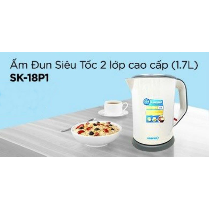 [Mã ELORDER5 giảm 10K đơn 20K] Ấm Đun Siêu Tốc 2 lớp cao cấp Asanzo SK-18P1 - 1.7L Trắng