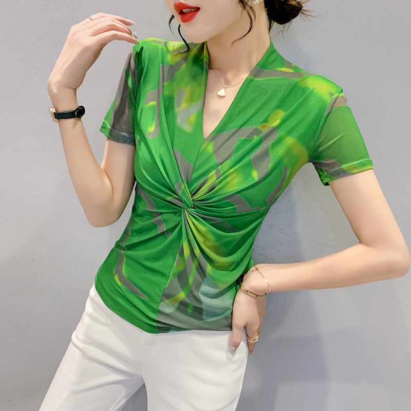 Áo Thun Tay Dài Cổ Chữ V Phối Lưới Nhuộm Màu Phong Cách Phương Tây Thời Trang Mùa Xuân Cho Nữ s 2022