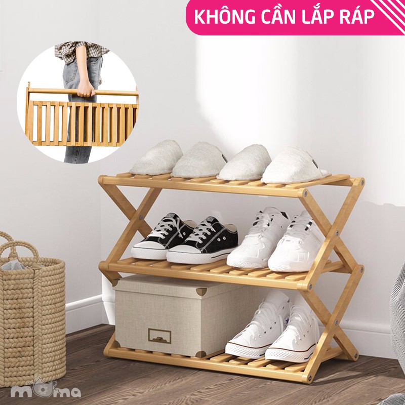 Kệ để giày dép nhiều tầng gỗ tre, gấp xếp gọn nhẹ, không cần lắp ráp để 6 -24 đôi giày người lớn cho gia đình