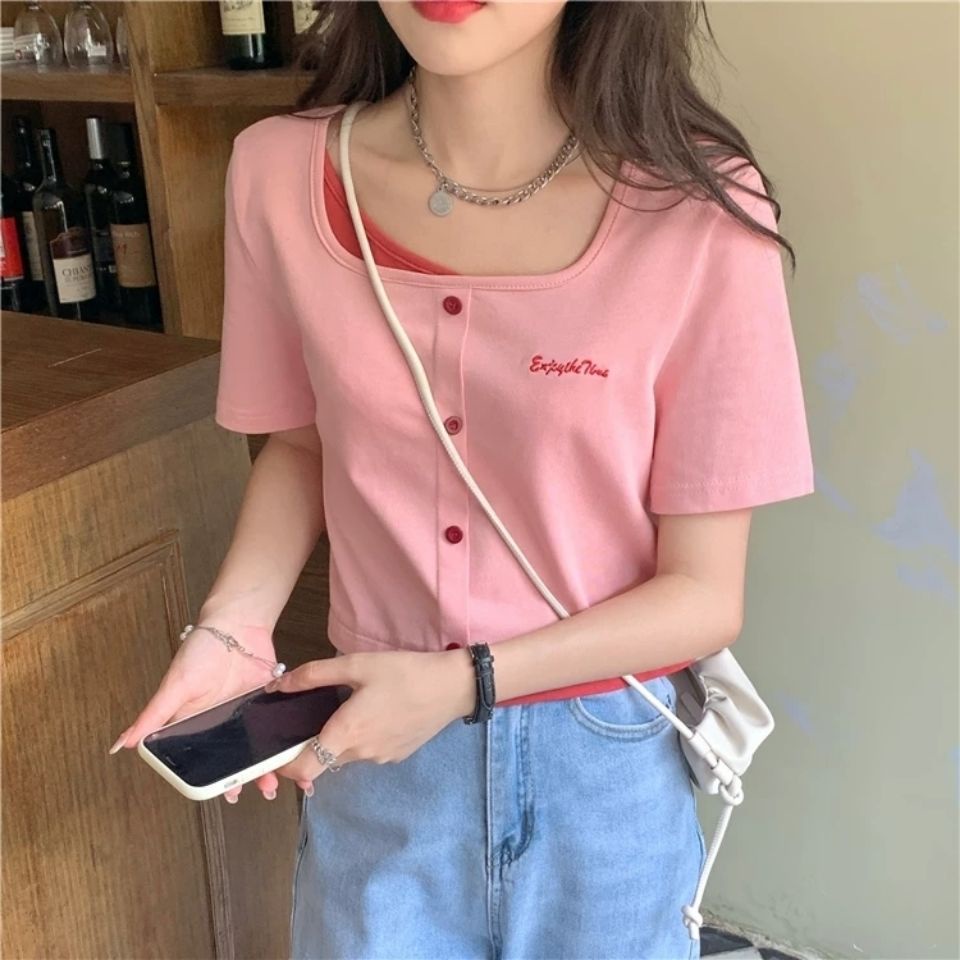 Áo Thun Ngắn Tay Giả Hai Lớp Cổ Vuông Phong Cách Hàn Quốc Mới Cho Nữ