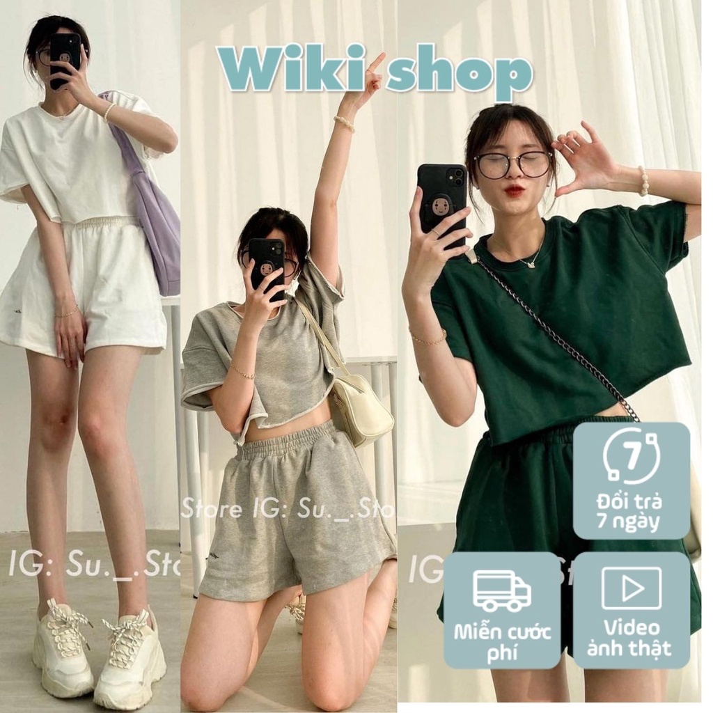Set bộ đồ nữ áo thun croptop da cá tàu thêu chữ cộc tay dáng lửng phối quần đùi cạp chun đen ghi trắng xanh lá C915