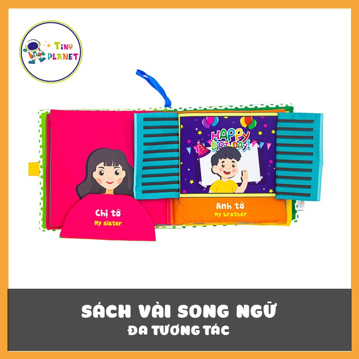 Sách vải song ngữ đa tương tác Nhà tớ có những ai? - Who's is my family? kích thước 18x18cm 12 trang