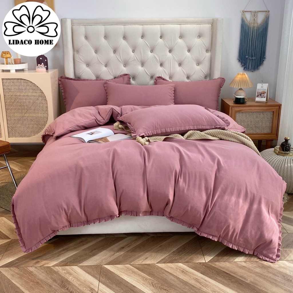 Bộ Chăn Ga Gối Cotton TICI LIDACO Bèo trơn - Hồng Phấn