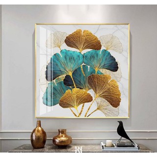 Tranh canvas lá cách điệu vàng xanh 70x70 giá kèm khung nhựa composite 2cm. khách thay đổi màu khung,khung mỏng ib shop