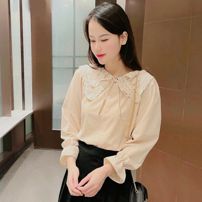 Áo Sơ Mi Nữ Kiểu Dài Tay Cổ Tròn Ren 2 Tầng - Màu Trắng Be Nâu Vàng Đen  - Hanlly Fashion Thời Trang - A32