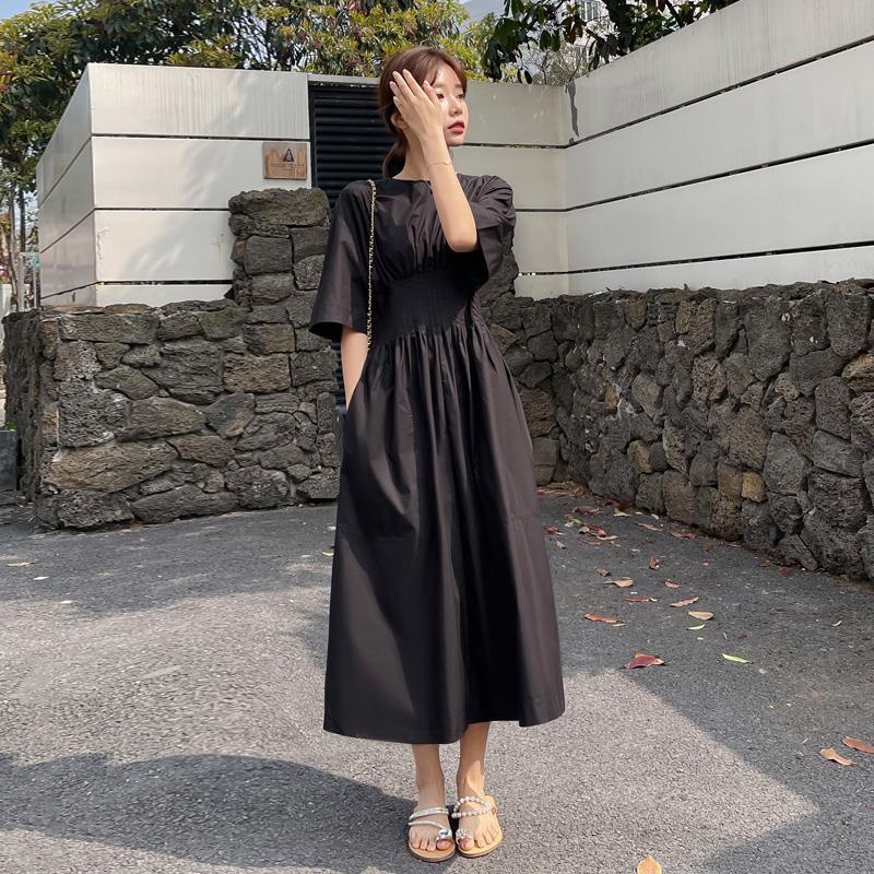 Đầm Dài Qua Gối Dáng Chữ A Lưng Cao Màu Sắc Đơn Giản Phong Cách Retro Pháp