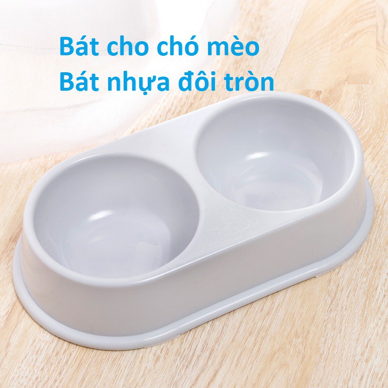 Bát ăn chó mèo 2 ngăn (2 loại) Bát nhựa đôi ăn uống 2 ngăn vuông hoặc tròn, chén ăn uống thú cưng