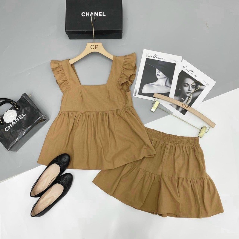 Set Bộ Nữ Áo Babydoll xòe Tay Cánh Tiên Kèm Quần Giả Váy Siêu Dễ Thương chất Vải Đũi Mềm Nhẹ Thoáng Mát
