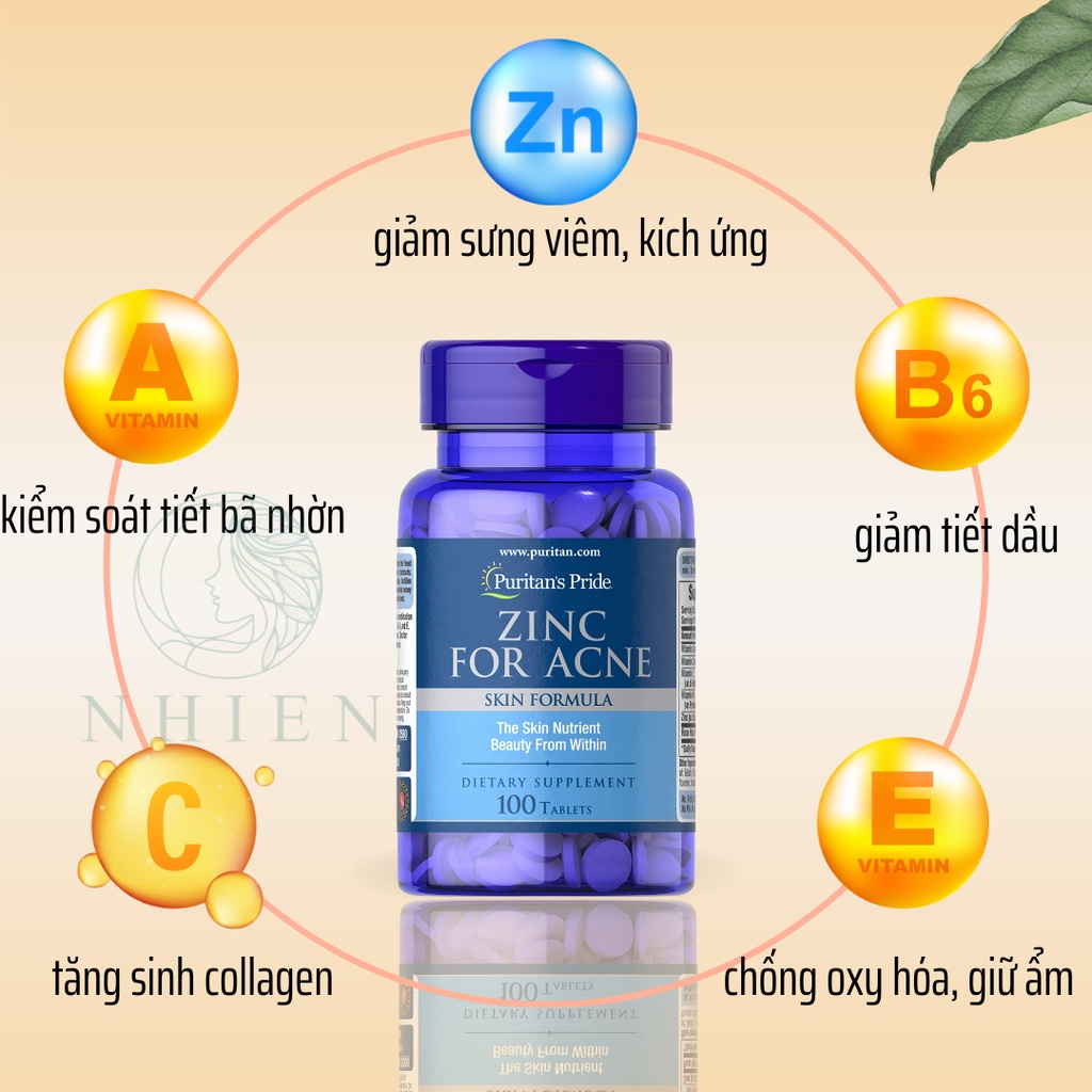 Viên uống kẽm giảm mụn trứng cá, mụn viêm Zinc For Acne Puritan's Pride cho da dầu mụn 100 viên