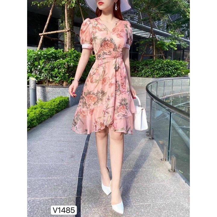 Váy Nữ Lụa Hoa Cổ V Cột Dây Eo Thời Trang Dạo Phố Sang Trọng