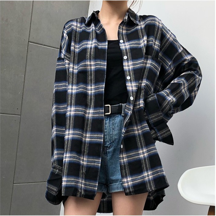SUXI Áo sơ mi caro dáng rộng thời trang cho nữ