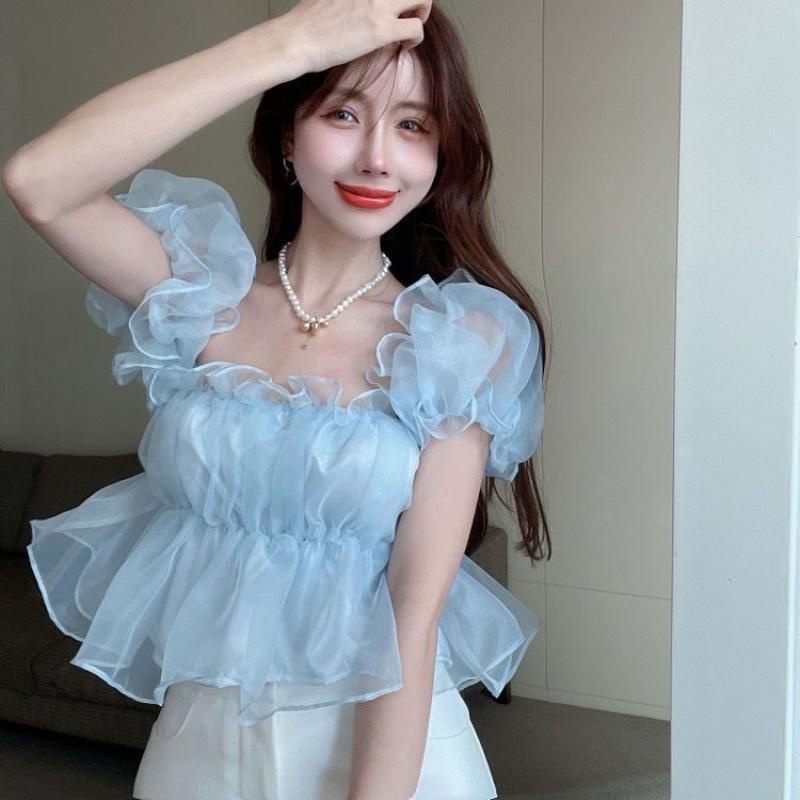 [MURIOKI] Áo Thun Tay Ngắn Phồng Cổ Vuông Phong Cách Hàn Quốc Thời Trang Mới 2022 Dành Cho Bạn Nữ