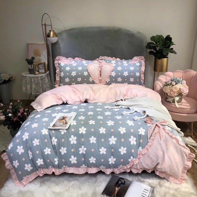 Bộ chăn ga gối cotton bèo nơ dành cho các cô nàng điệu đà