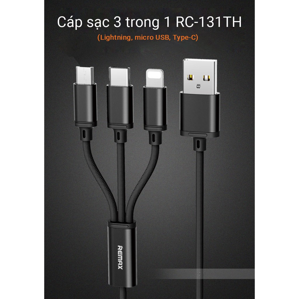 Cáp sạc 3 in 1 Lightning - Micro USB - Type C chiều dài 1.15m - Remax RC-131TH