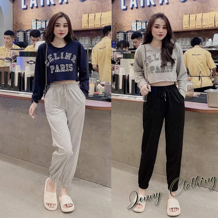 Quần jogger nữ ống rộng cạp chun có dây rút - bộ đồ thu đông nữ áo croptop quần bo gấu nữ vải nỉ ở nhà tập gym cá tính