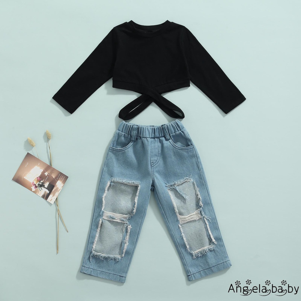 Bộ 2 món áo tay dài cổ tròn màu trơn + quần jeans rách thời trang xuân thu cho bé gái 2-7 tuổi