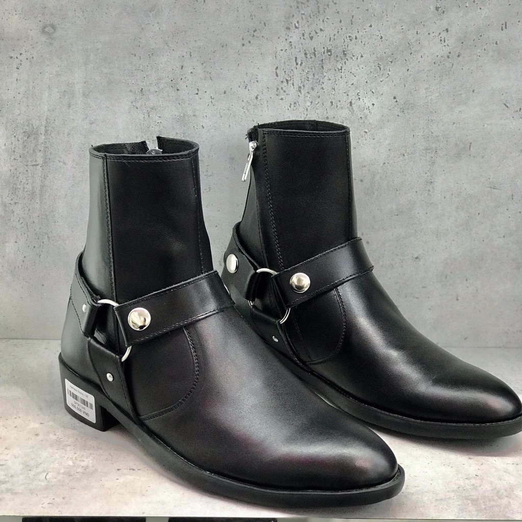 [Free Ship] Giày Boots Harness da đen trơn,cổ cao kéo khóa B221_giày bốt nam