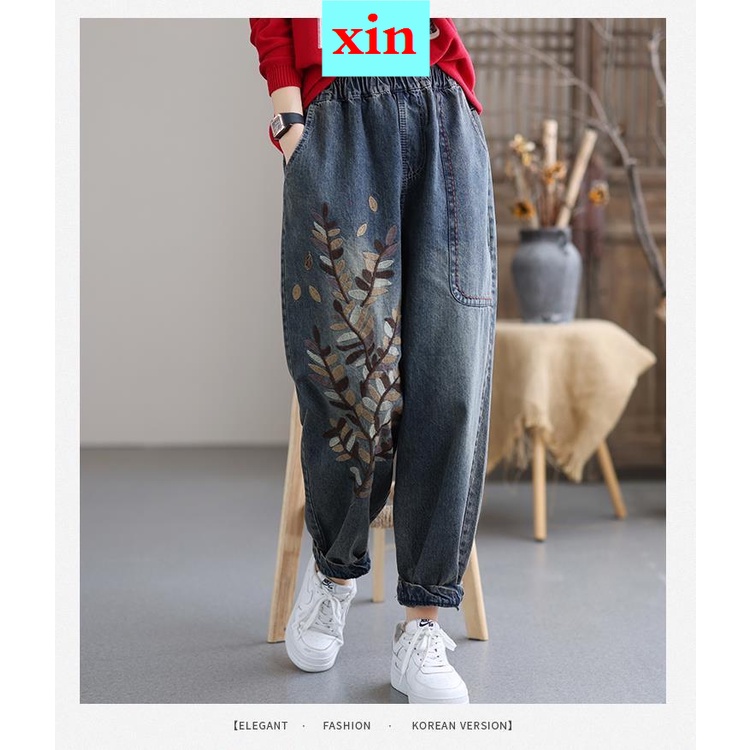 Quần Jeans Lưng Cao Dáng Rộng Thêu Họa Tiết Phong Cách Dân Tộc Mẫu Mới Thời Trang Xuân Thu Cho Nữ 2022