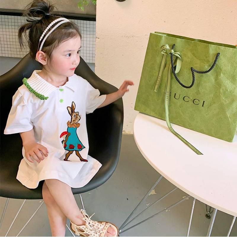 Đầm cotton dài giữa cổ áo polo in hình hoạt hình phong cách Hàn Quốc cho bé gái