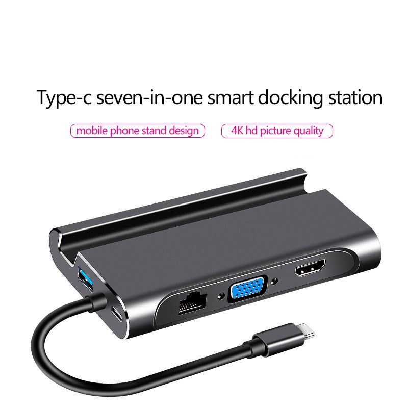 7 in 1 Type C Docking Station Hdmi USB 3.0 HDMI VGA RJ45 PD Hub Black