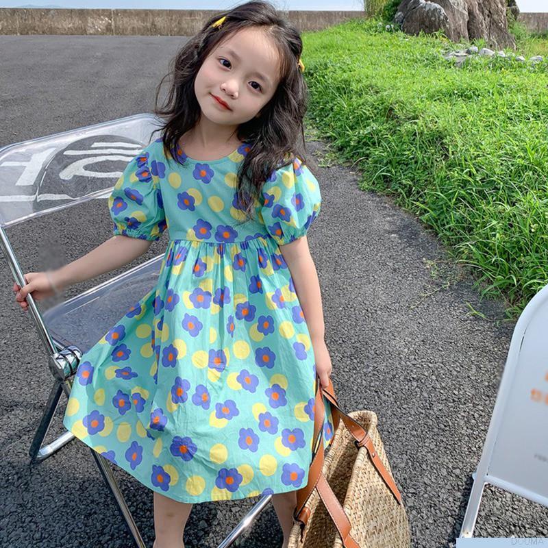 Đầm tay phồng hở lưng họa tiết hoa phong cách retro Hàn Quốc thời trang dễ thương cho bé gái