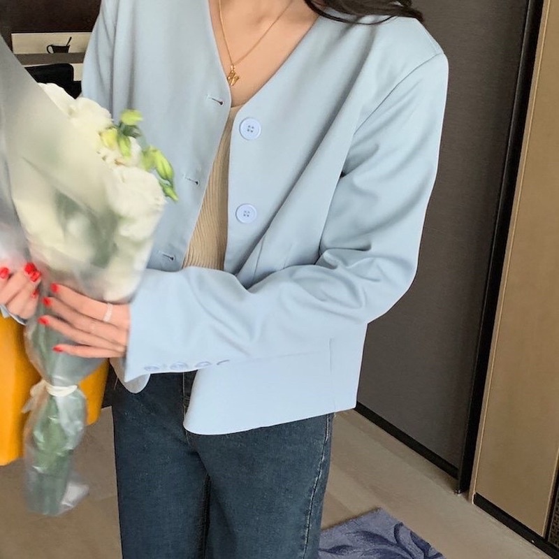 Áo khoác áo blazer dáng ngắn không cổ màu pastel thời trang nữ phong cách Hàn Quốc