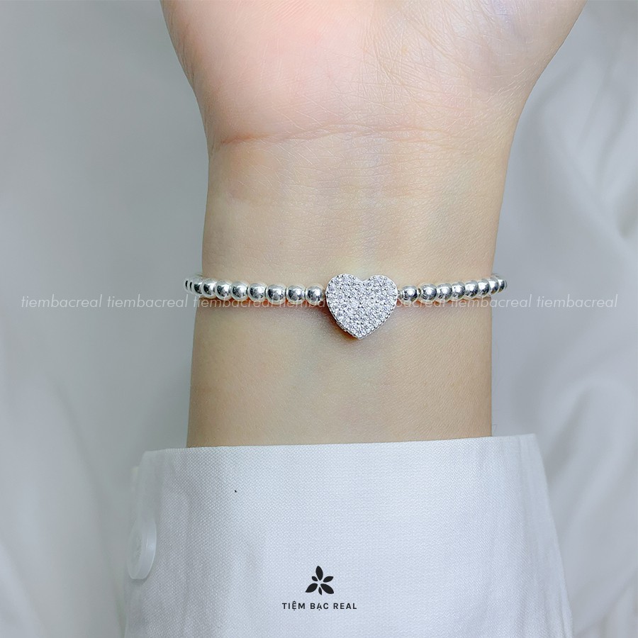 Lắc tay tim dây bi viền đá tinh tế, lắc tay bạc nguyên chất lành tính | BigBuy360 - bigbuy360.vn