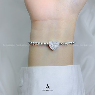 Lắc tay tim dây bi viền đá tinh tế,bạc nguyên chất lành tính, quà tặng ý nghĩa, lãng mạn,tình yêu,bạc real